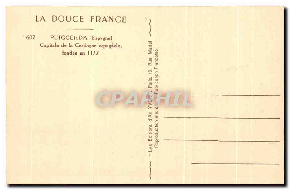 CPA Puigcerda Capitale de la Cerdagne espagnole fondee en 1177 — Rückseite