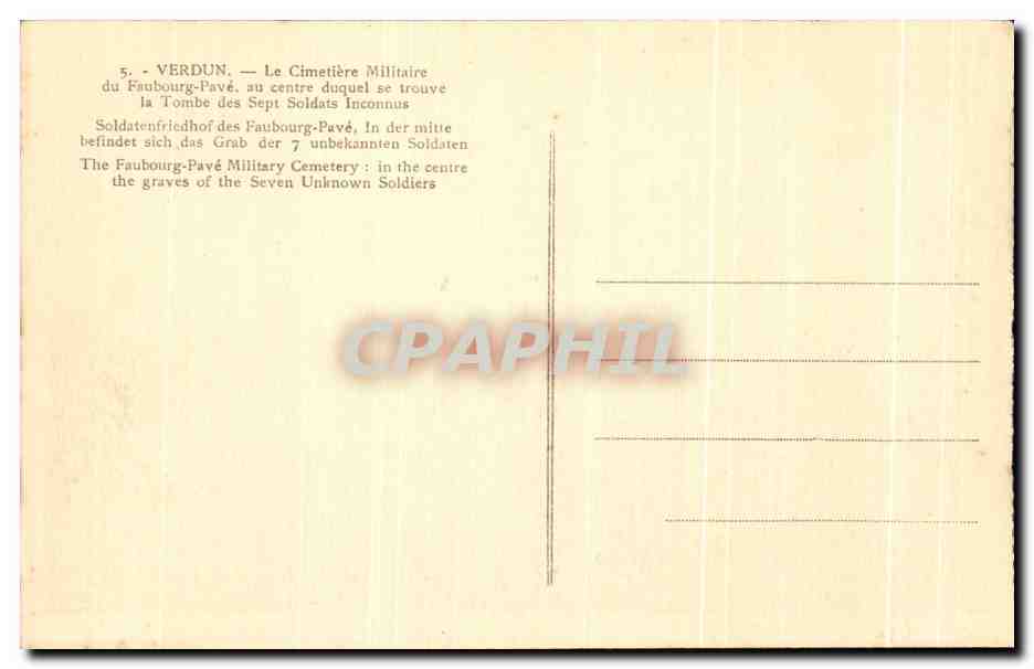 Vintage Postcard Verdun — Military Cemetery of the Faubourg Pave, with the Tomb of the Seven Soldiers in the Center — Back