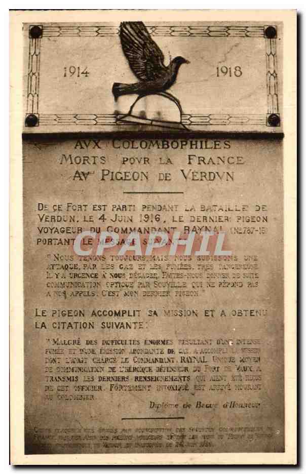 Fort de Vaux — Plaque commémorative du pigeon voyageur Raynal — Éditeur : CPAPHIL, n°8