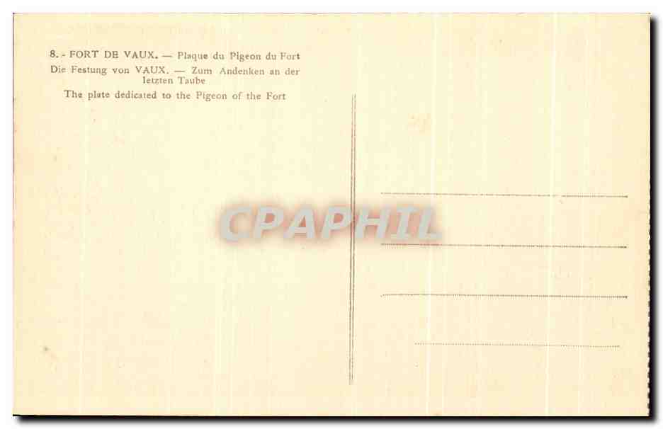 Fort de Vaux — Plaque commémorative du pigeon voyageur Raynal — Éditeur : CPAPHIL, n°8 — Reverso