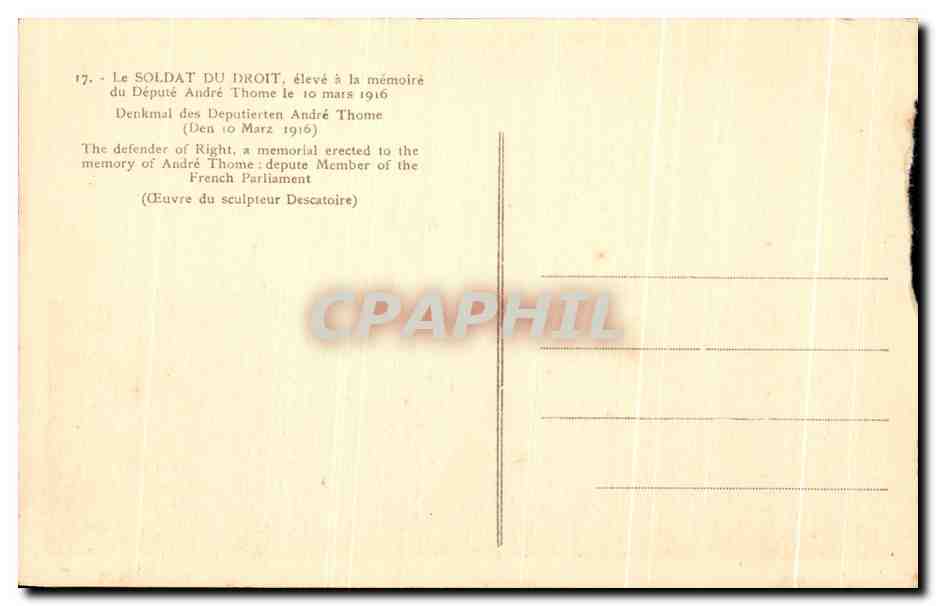 Antike Ansichtskarte Le Soldat Du Droit eleve a la memoire du depute Andre Thome Militaria — Rückseite