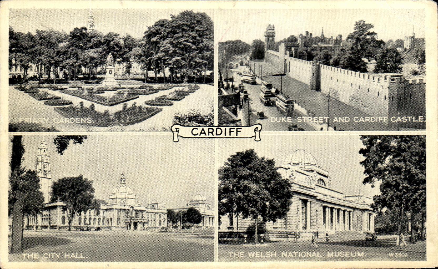 Cardiff — Friary Gardens, Duke Street and Cardiff Castle, The City Hall, The Welsh National Museum — Silveresque, W 3502