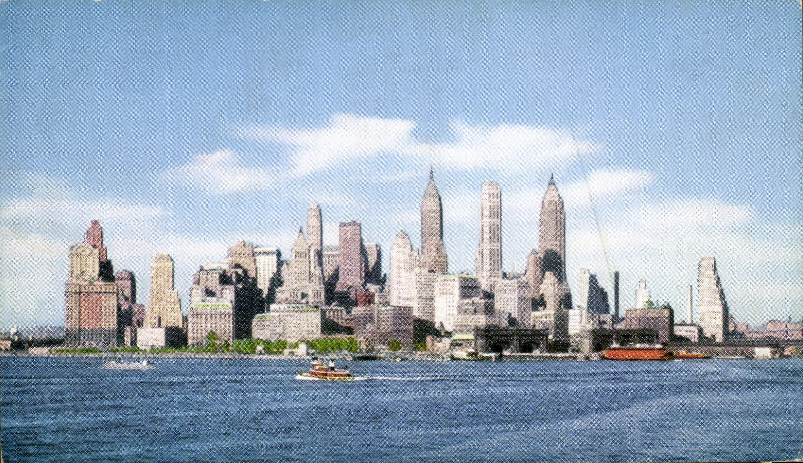 CPSM The Awe Inspiring Skyline of Manhattan Island Only United Air lines Links New York