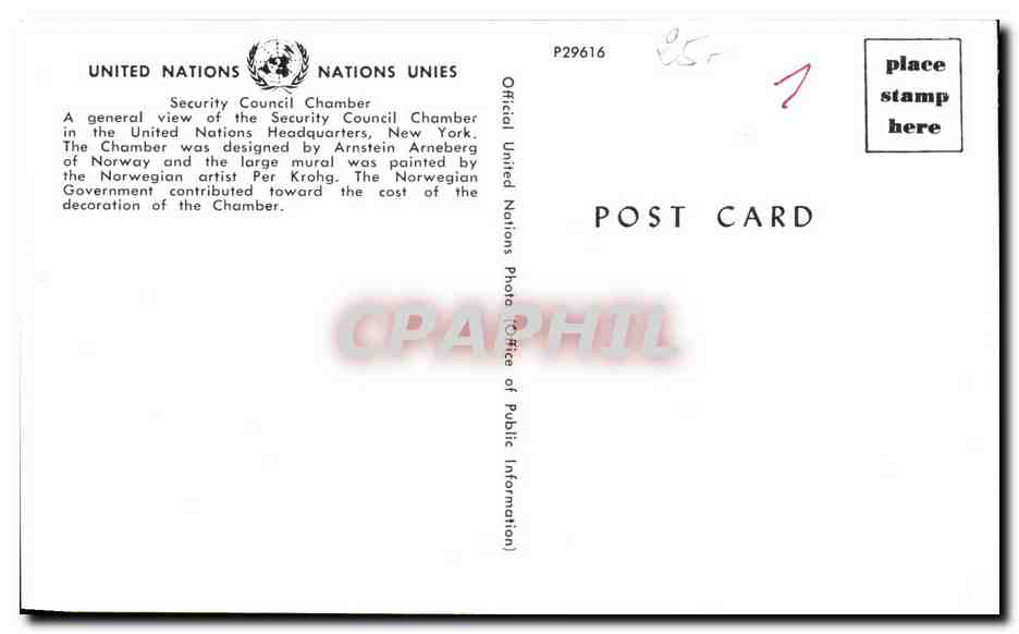 CPSM United Nations Nations Unies Security Council Chamber A General View Of The New York — Rückseite