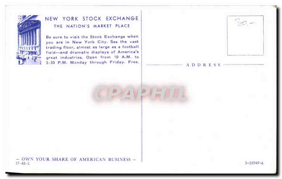 CPSM New York Stock Exchange The Nation's Market Place Be Sure To Visit The Stock — Rückseite