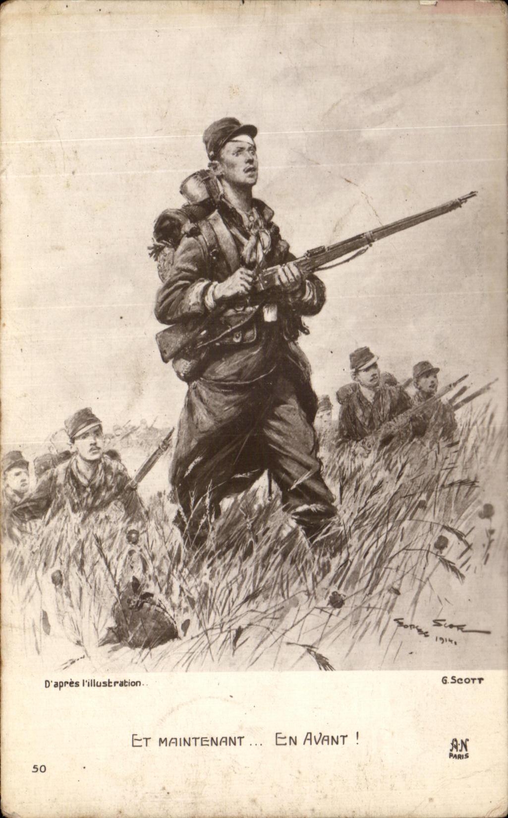 CPA Et Maintenant En Avant Scott Illustration Militaria