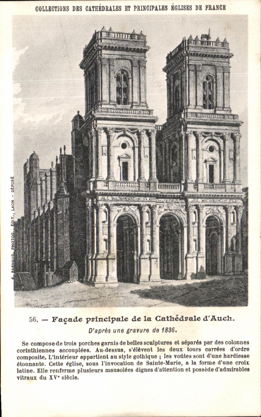 Hauptfassade der Kathedrale von Auch — Sammlung der Kathedralen und wichtigsten Kirchen Frankreichs — F. Barnaud, Verlag, Laon