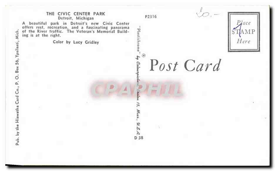 CPSM The Civic Centrer Park detroit Michigan — Back