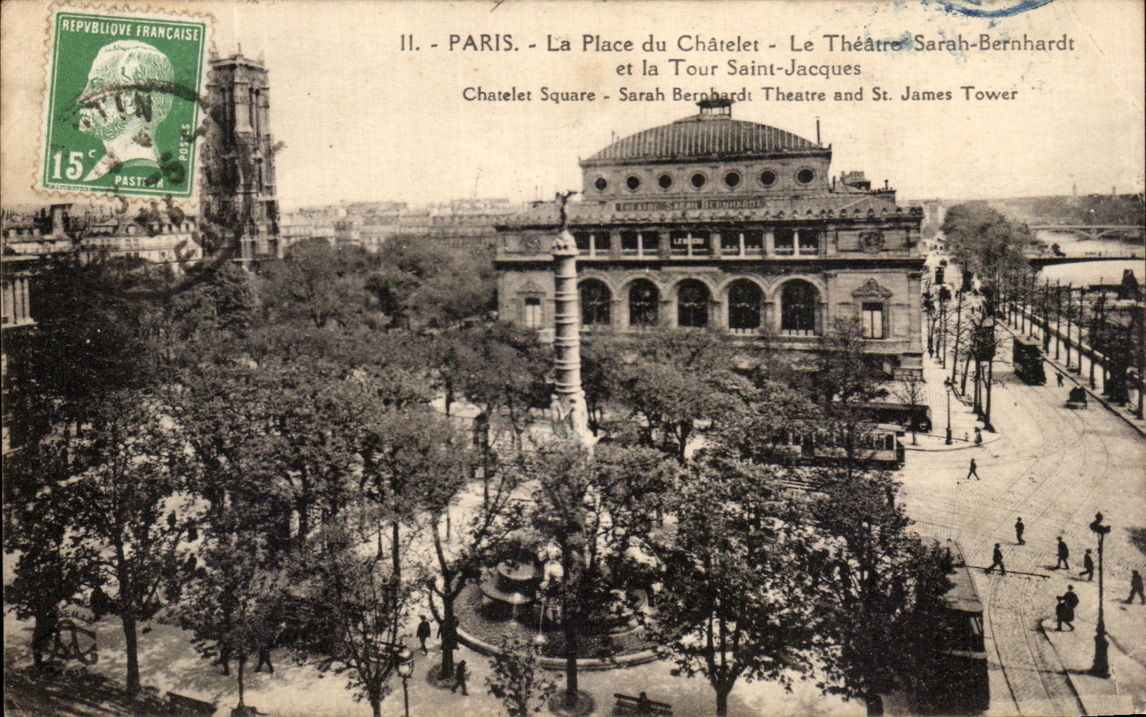 CPA Paris La Place Du Chatelet Le Theatre Sarah Bernhardt Et La Tour Saint Jacques