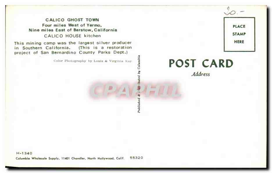 Calico Ghost Town — Calico House Restaurant — Published & Distributed by Columbia Wholesale Supply — Rückseite