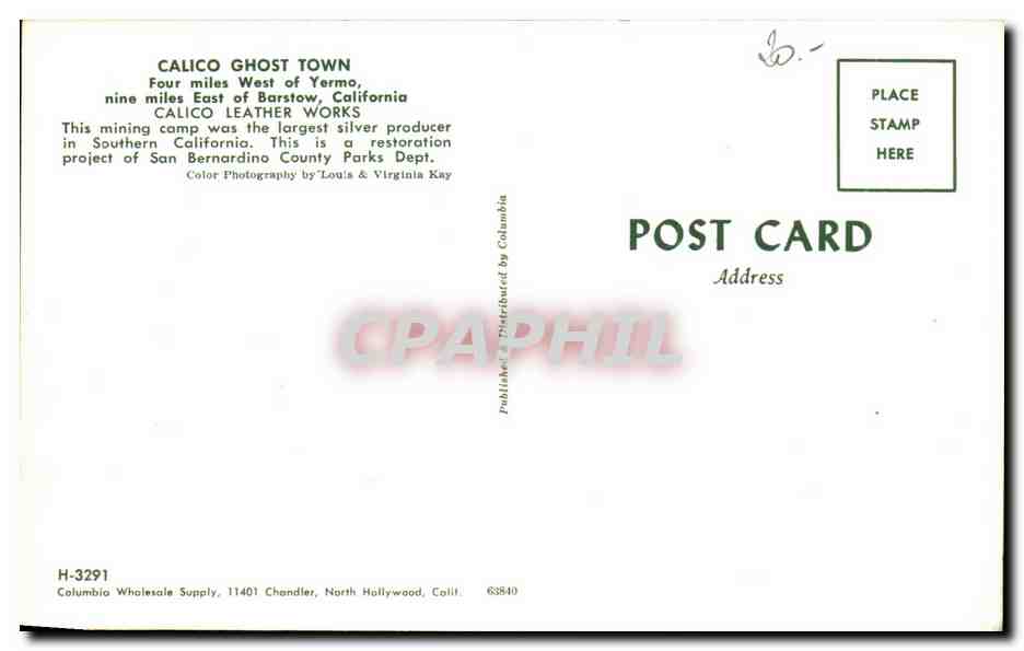 Calico Ghost Town — Calico Leather Works — Columbia Wholesale Supply, H-3291 — Rückseite