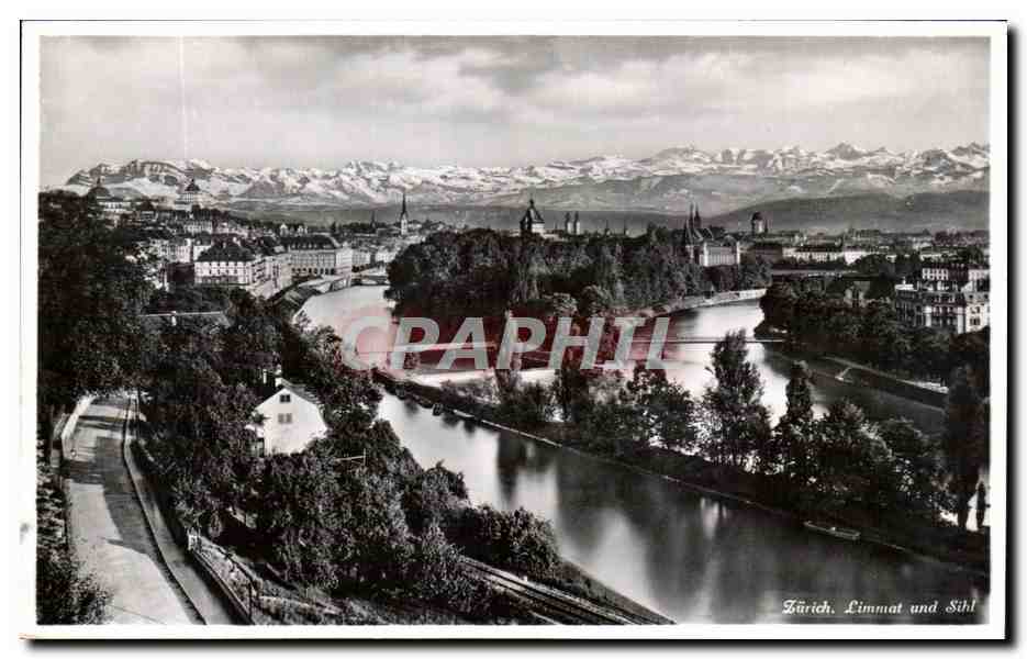 Zurich. Limmat und Sihl — vue panoramique avec montagnes enneigées — Photographe-Wehrli & Voüga & Cie, Zurich