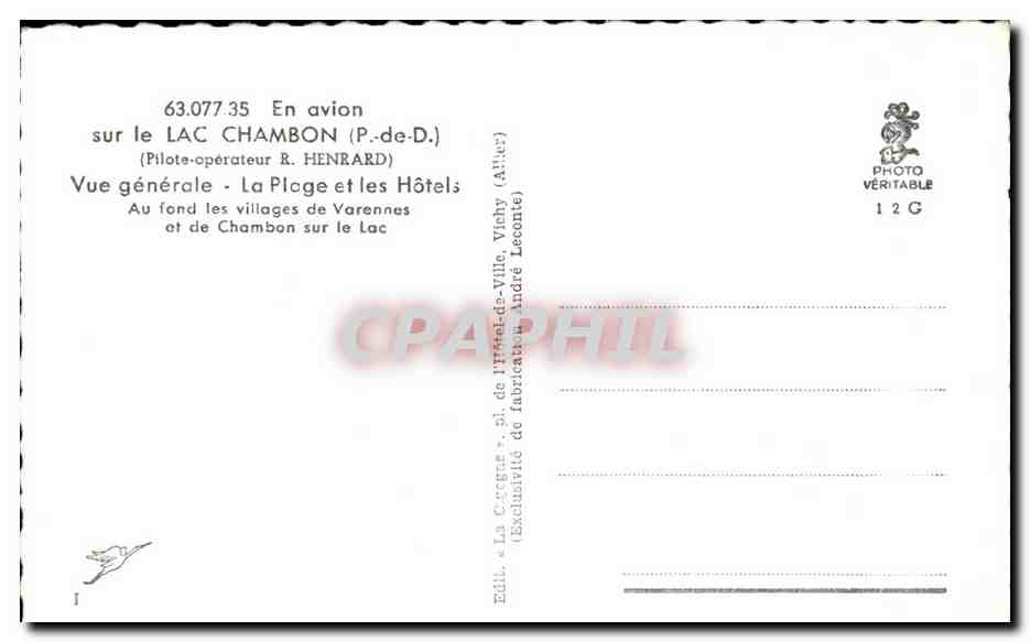 Lac Chambon (P.-de-D.) — Vue aérienne générale — Édition La Cigogne — Verso