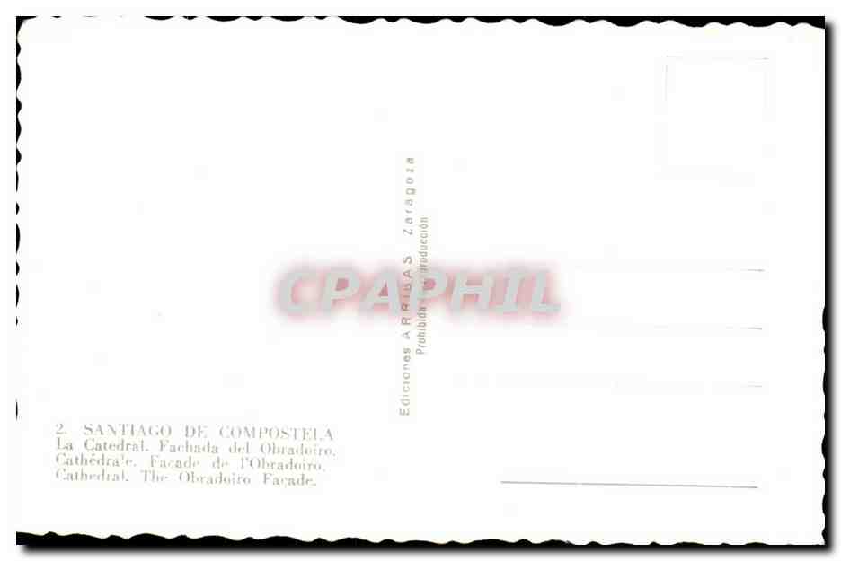 Santiago de Compostela — Cathédrale, façade de l'Obradoiro — Éditions Arribas, Série 2 — Reverso