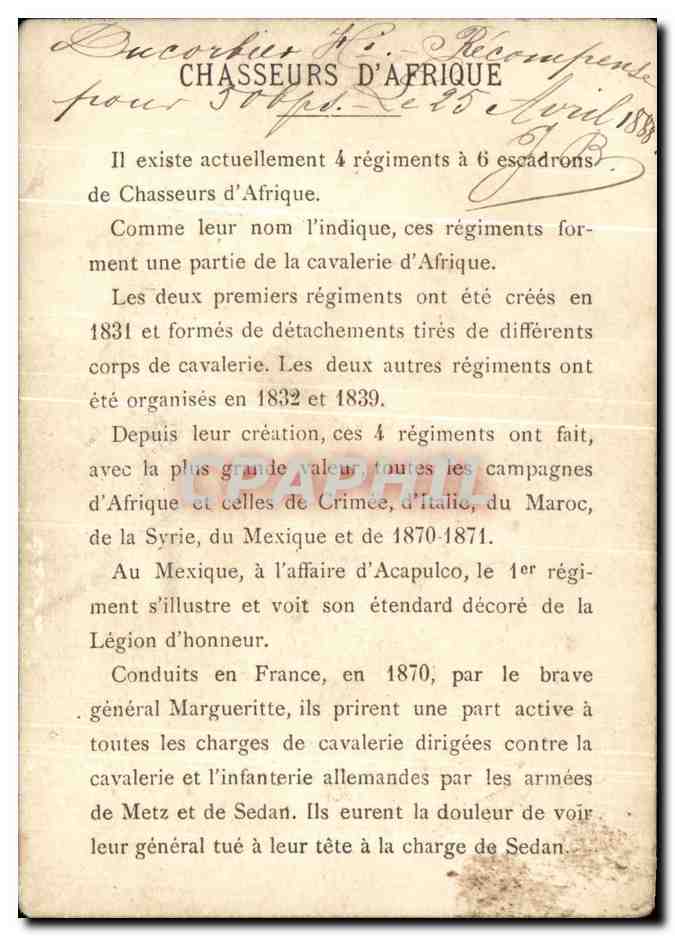 Chromo Armee Francaise Chasseurs D'Afrique Militaria — Rückseite