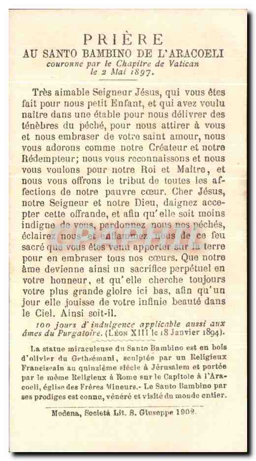 Image pieuse Bambino Di Aracoeli Roma — Rückseite