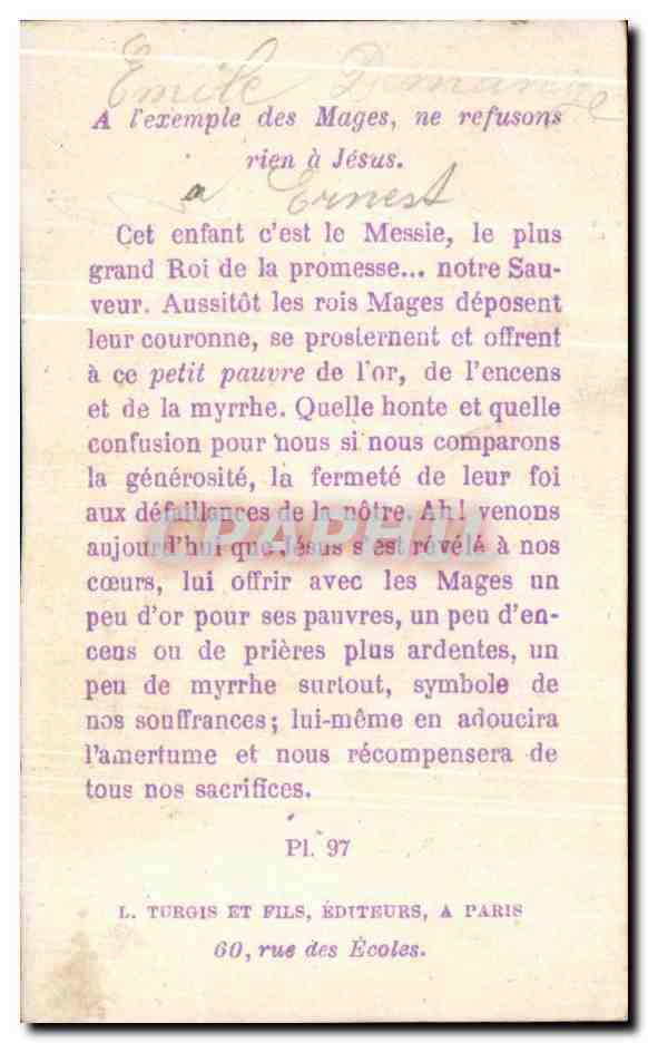 Image pieuse A L'Exemple Des Mages Anges Jesus — Rückseite