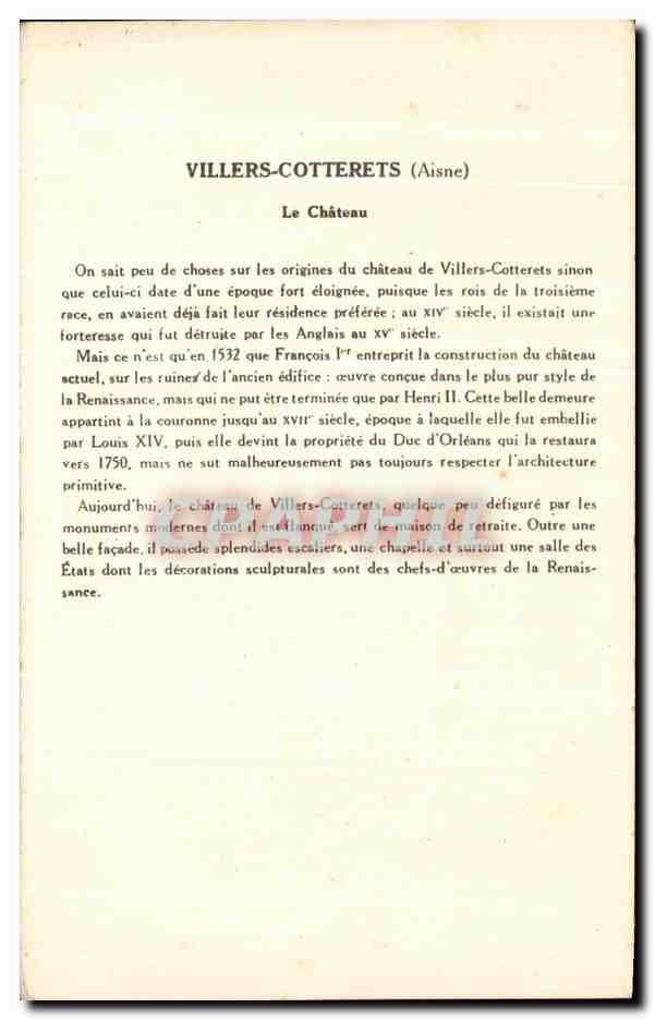 Villers-Cotterets (Aisne) — Le Château — Collection de la Solution Pauvreurberge, 4e Série — Rückseite