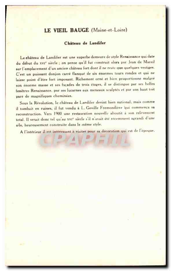 CPA Le Vieil Bauge Chateau De Landifer — Rückseite