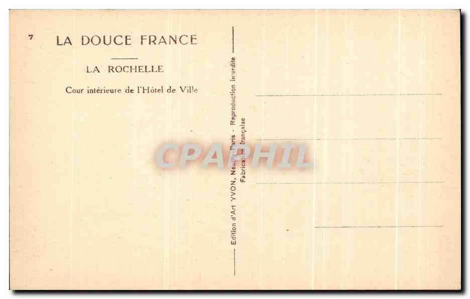 La Rochelle — Cour intérieure de l'Hôtel de Ville — Édition d'Art YVON, Paris — Verso