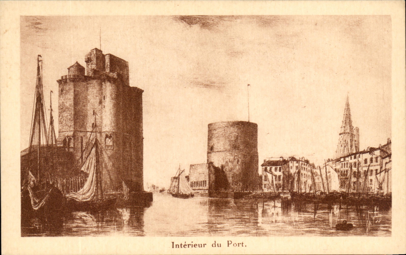 Intérieur du Port — vue du port avec tours et bateaux — F. Pjollet, éditeur, La Rochelle (Ain)