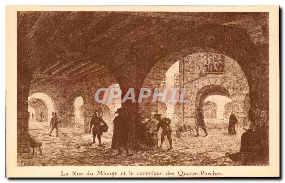 La Rue du Minage et le carrefour des Quatre-Porches — gravure — F. Pjollet, éditeur, La Rochelle (Ain)
