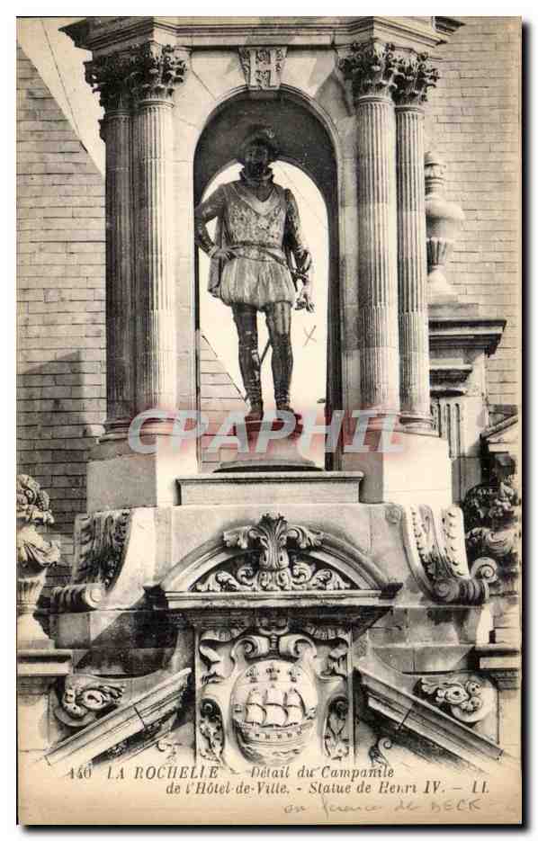 La Rochelle — Détail du Campanile de l'Hôtel-de-Ville, Statue de Henri IV — Éditeur Léon Beck, n° 140
