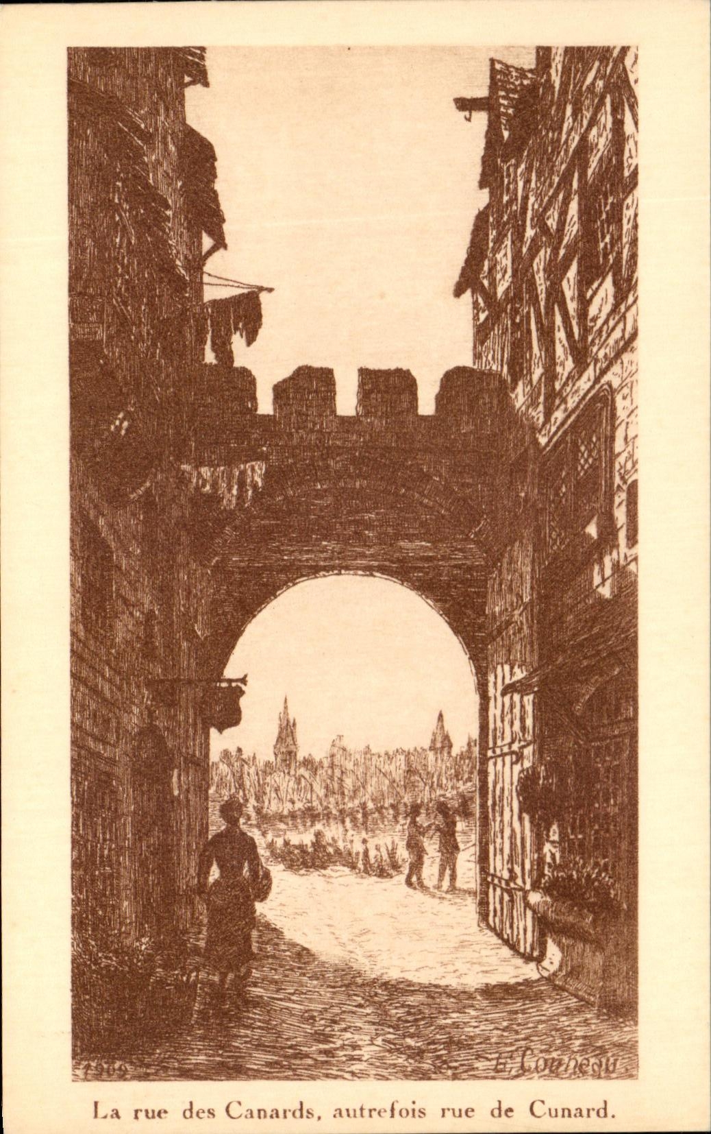 La rue des Canards, autrefois rue de Cunard — gravure de L. Couheau — édit. Héliosadag, La Rochelle