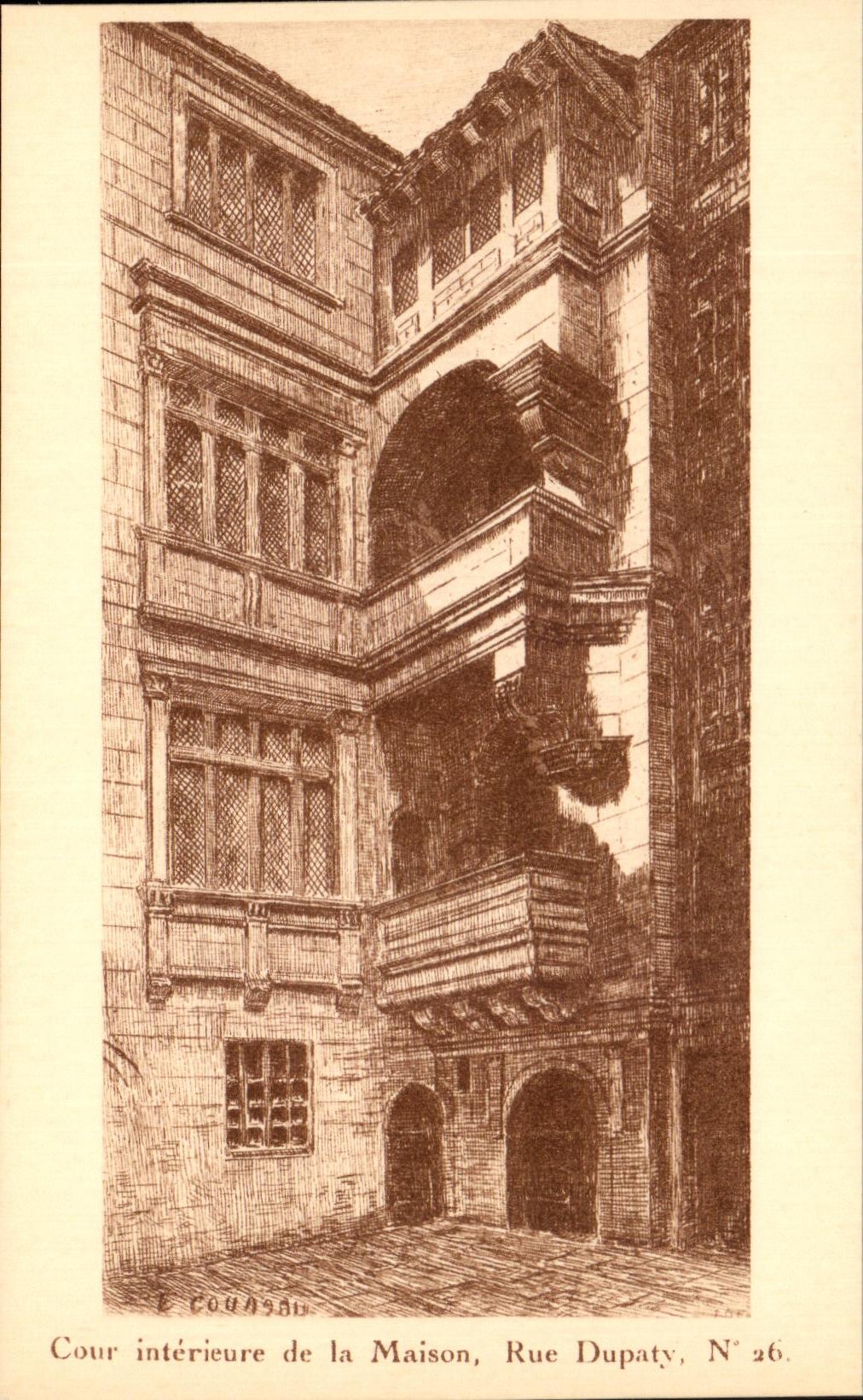 Cour intérieure de la Maison, Rue Dupaty, N° 26 — gravure — Éditeur F. Pijollet, Hélio-Sadag, La Rochelle