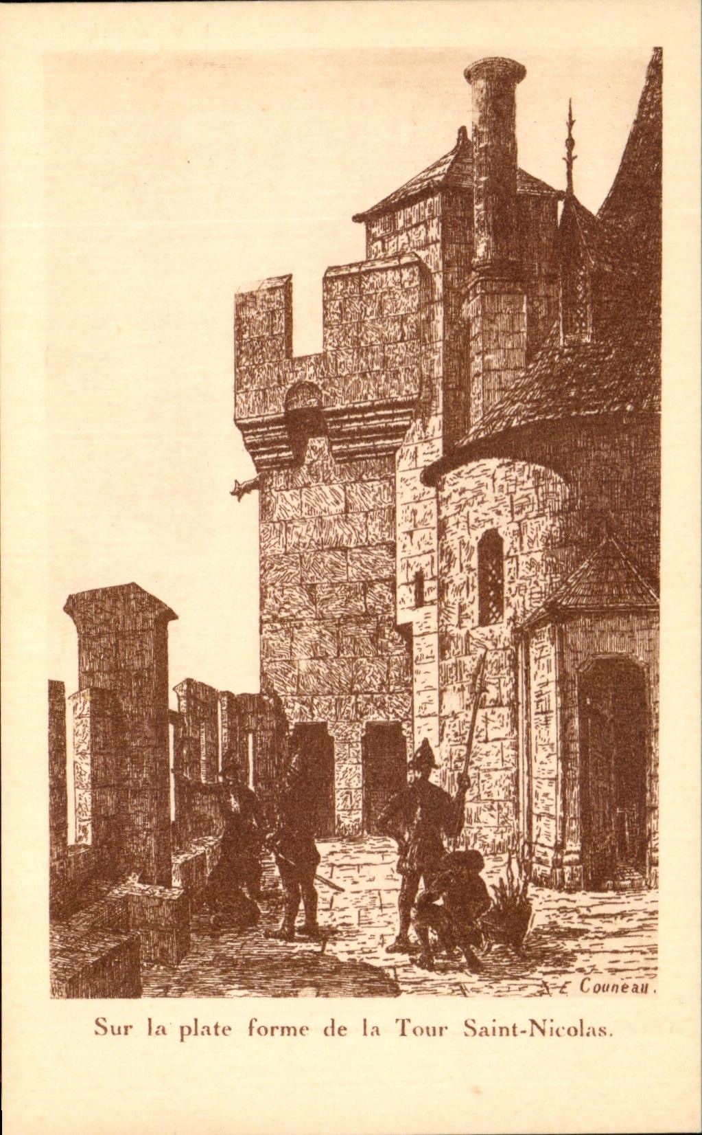 Tour Saint-Nicolas — vue de la plateforme — gravure de E. Couneau
