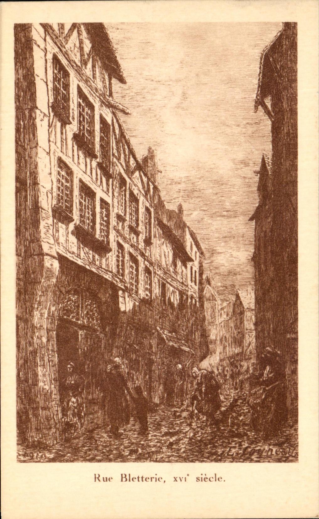 Rue Bletterie, xvième siècle — gravure de L. Grinette — éditeur F. Pjollet, La Rochelle