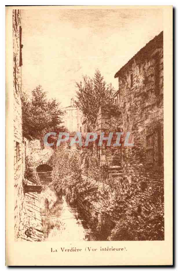 La Verdière (Vue intérieure) — vue d'une rue pavée avec canal et bâtiments anciens — éditeur F. Ptiollet, La Rochelle