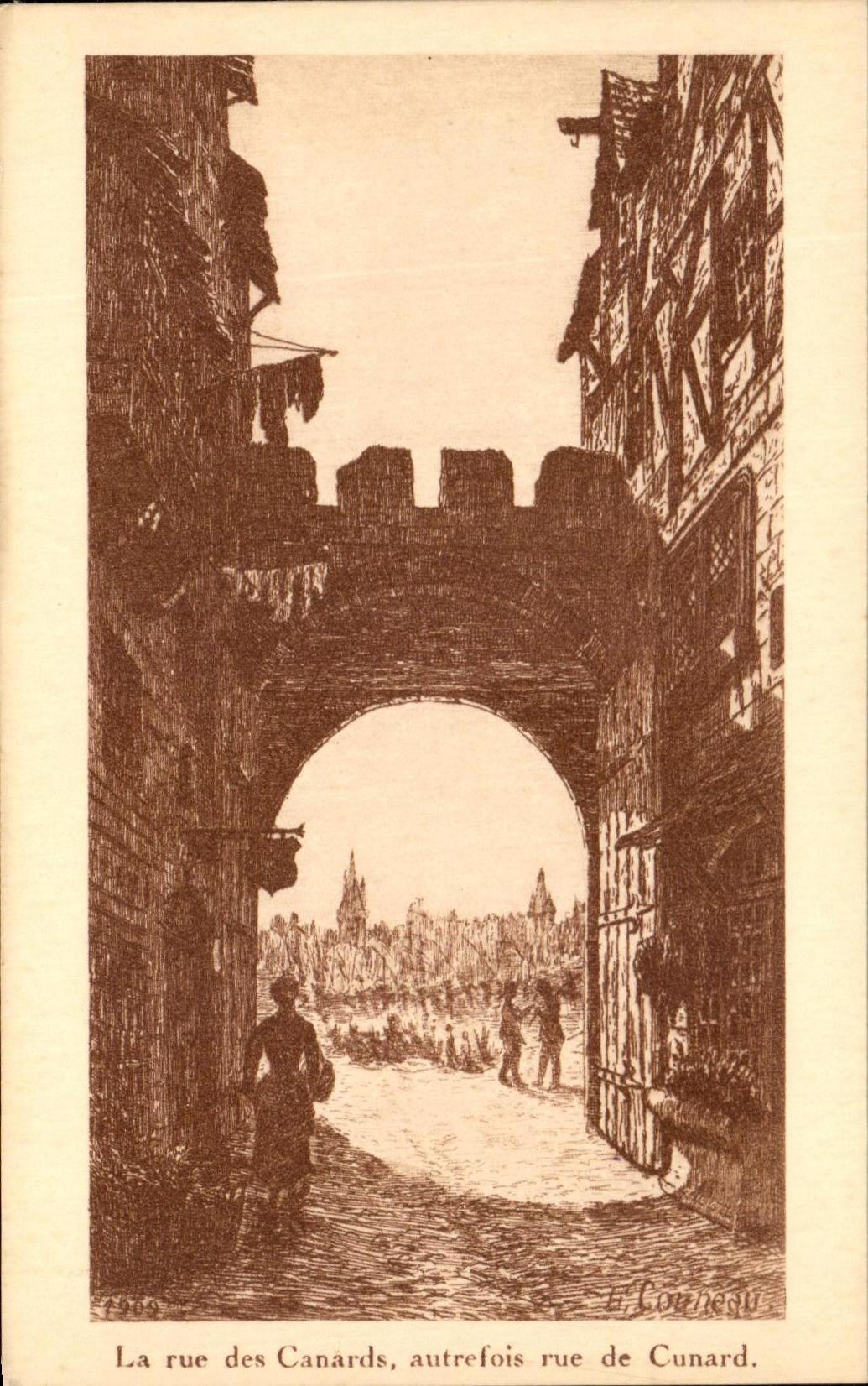 La rue des Canards, autrefois rue de Cunard — gravure d’E. Conneu — 1909