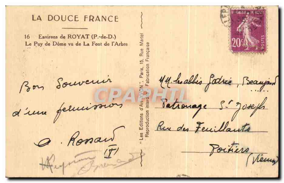 Le Puy de Dôme vu de La Font de l'Arbre — Environ de Royat (P.-de-D.) — Les Éditions d'Art 'VON' Paris — Reverso