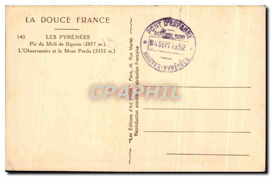 Pic du Midi de Bigorre — L'Observatoire et le Mont Perdu — Éditions d'Art Yvonn — Verso
