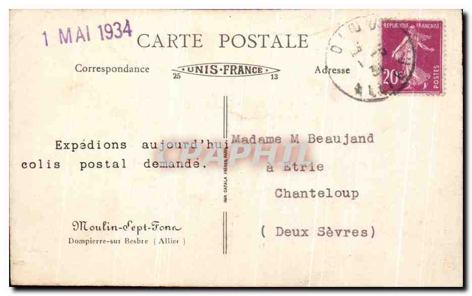CPA Moulin Sept Fons Dompierre sur Besbre  — Rückseite
