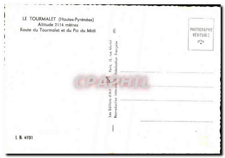 Le Tourmalet (Hautes-Pyrénées) — Altitude 2114 mètres — Les Editions d'Art, Paris — Verso