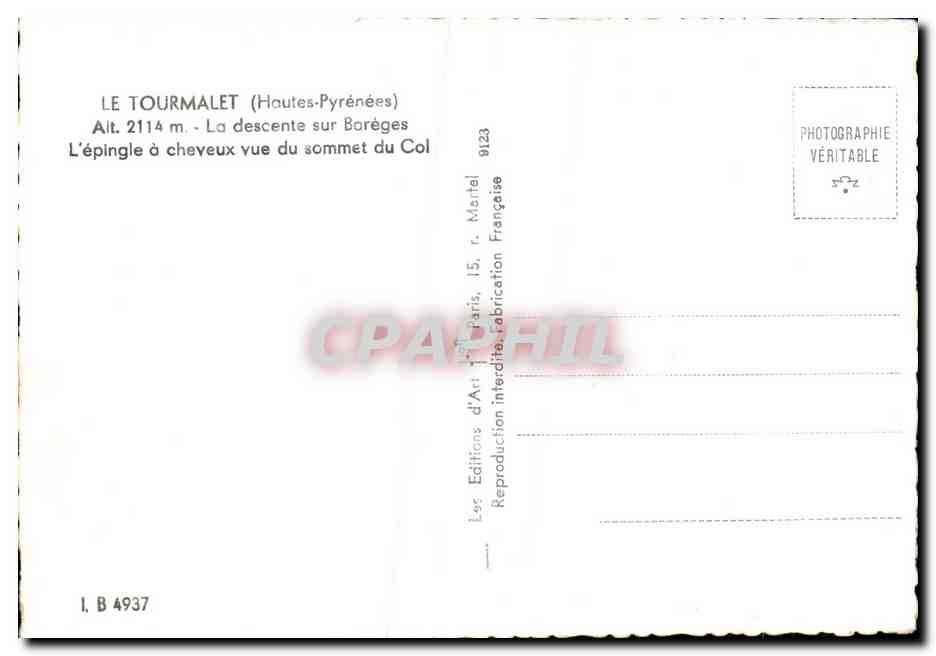 Le Tourmalet (Hautes-Pyrénées) — The Descent to Barèges Viewed from the Summit of the Pass — Éditions d'Art, Paris — Back