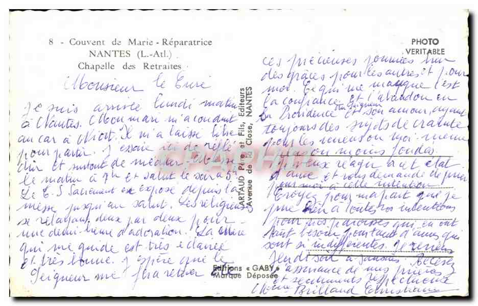 CPSM Nantes Chapelle des Retraites — Verso