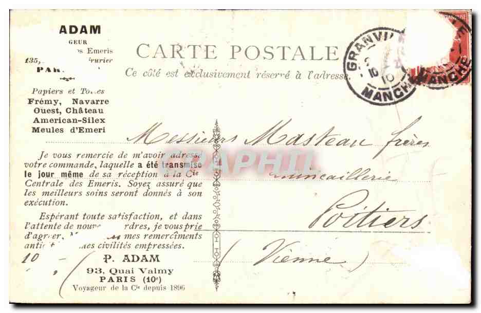 CPA Cheminee Du Salon Chateau De Chenonceaux Remerciment De Adam quai Valmy Paris — Rückseite