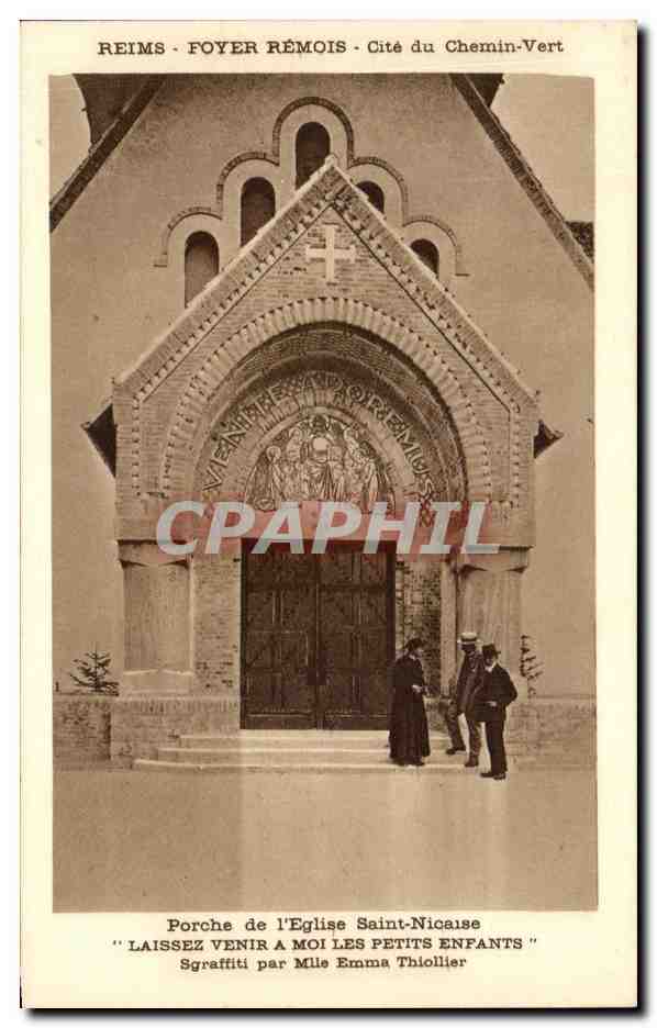 Reims - Foyer Rémois - Cité du Chemin-Vert — Porche de l'Église Saint-Nicaise, sgraffiti par Mlle Emma Thiollier