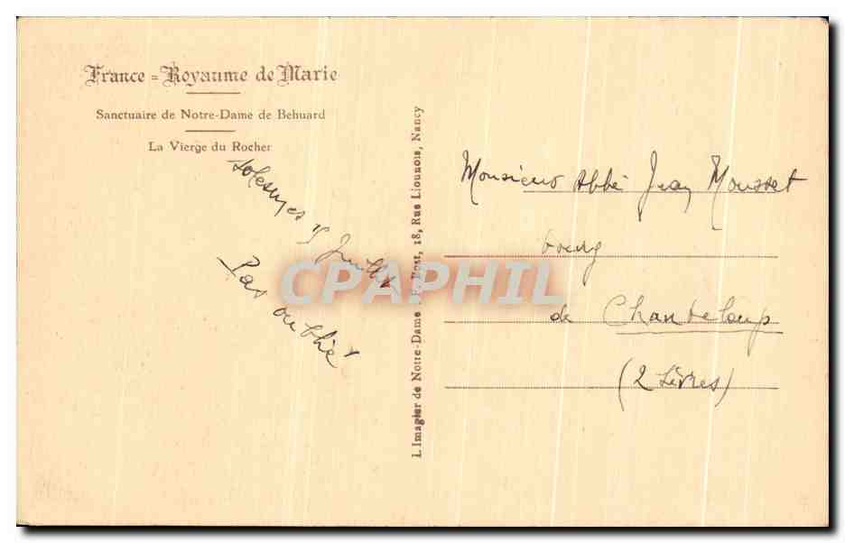 CPA France Royaume De Marie Sancuaire De Notre Dame De Behuard La vierge du rocher  — Rückseite