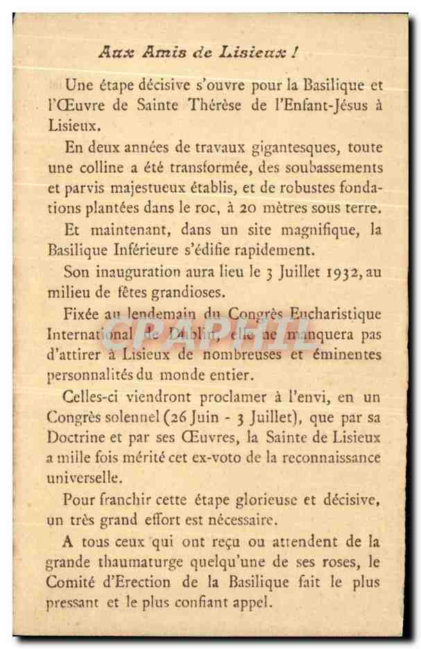 Basilique de Lisieux — Sainte Thérèse — Éditeur non identifié, n° de série non visible — Verso