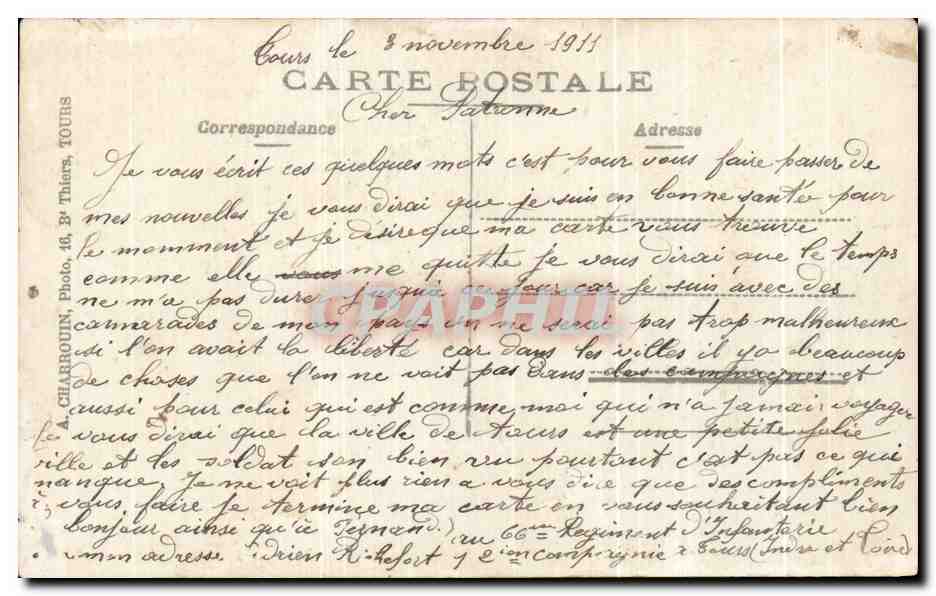 Soldaat in uniform — 66e regiment — uitgever CHARROUIN, Tours — Achterkant