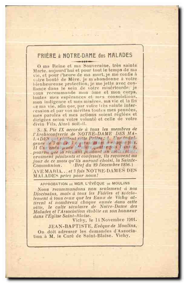 Notre-Dame des Malades — Vichy — Paroisse Saint-Blaise — Verso