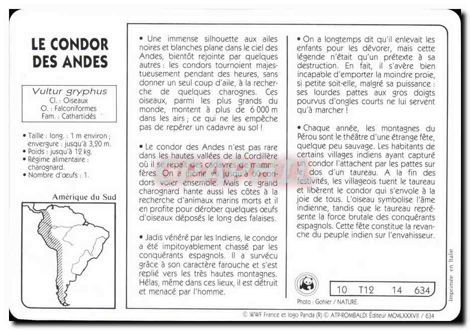 Carte Les Condor Des Andes oiseau WWF — Rückseite