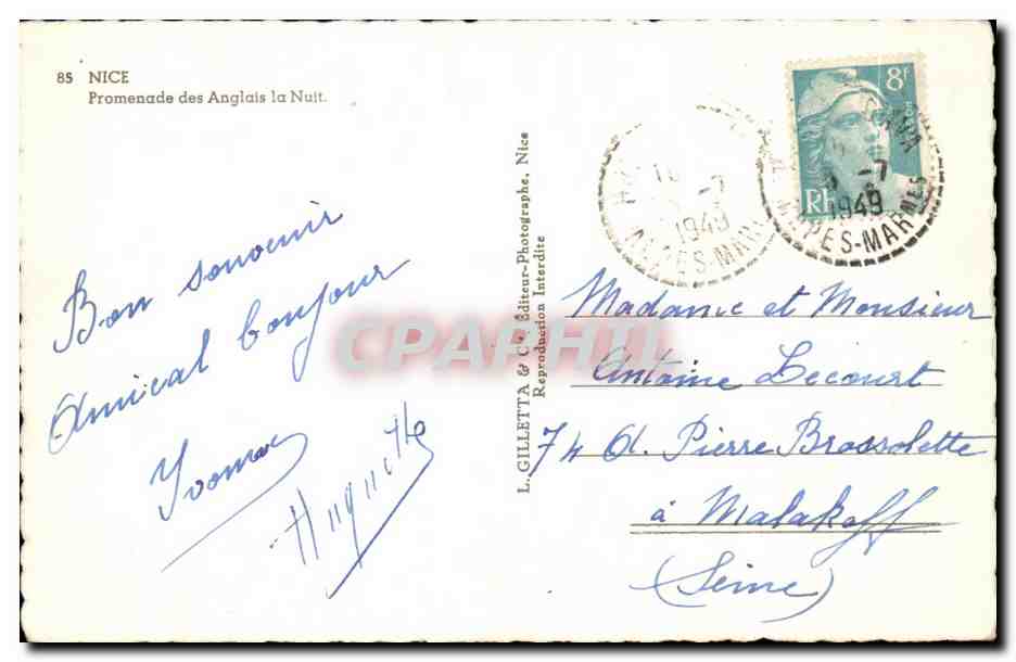 CPA Nice Promenade des Anglais la Nuit — Rückseite