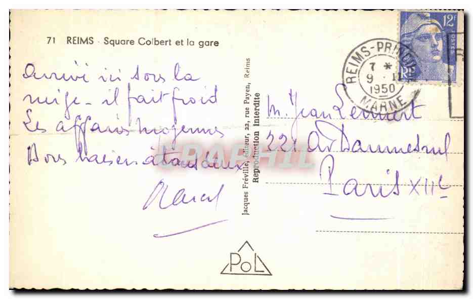 CPA Reims Square Colbert et le Gare — Verso