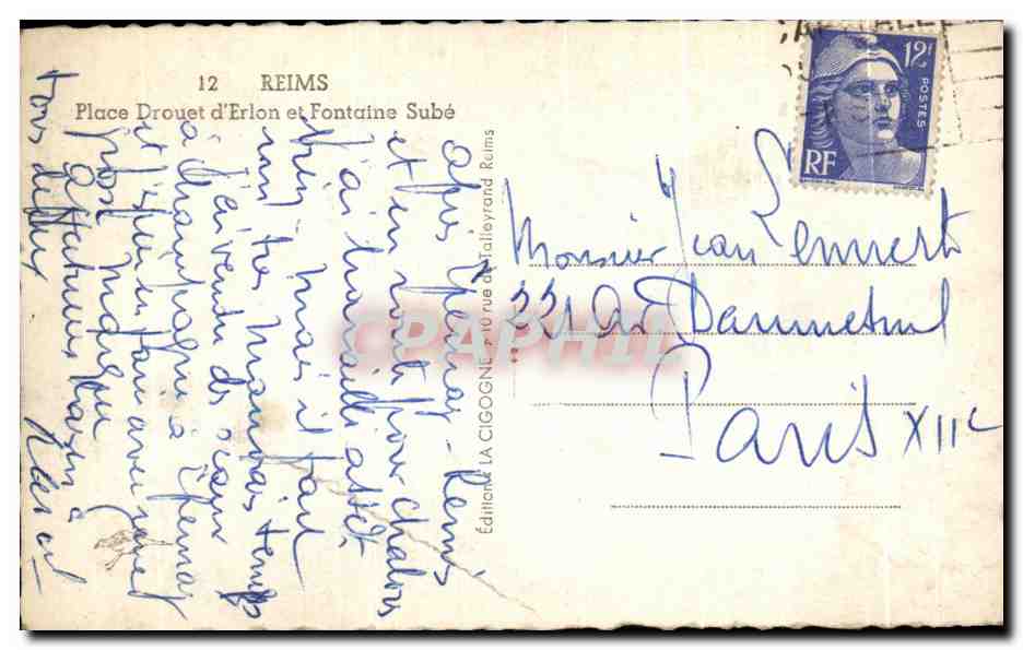 CPA Reims Place Drouet d'Erlon et Fontaine Sube — Rückseite
