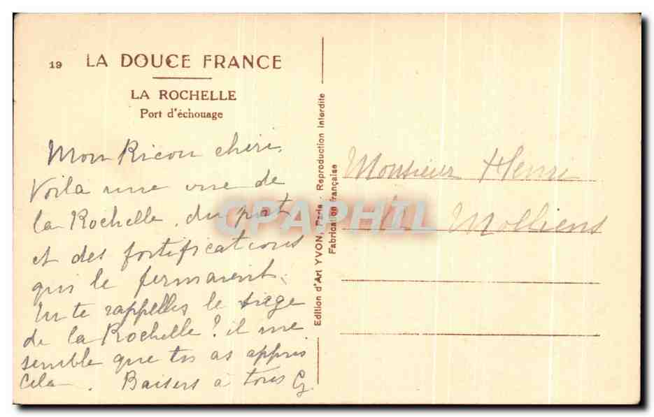 La Rochelle — Port d'échouage — Édition d'Art YVON, Paris — Verso